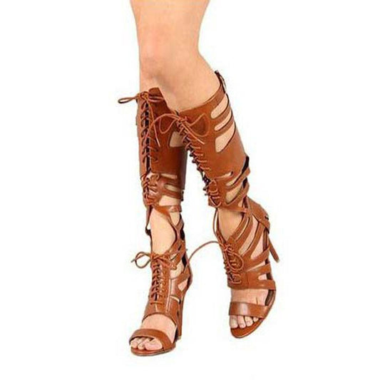 Leather Cutout Strap Cutout High Heel Knee High Sandals
