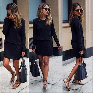 Scoop Long Sleeves Loose Pure Color Straight Short Dress