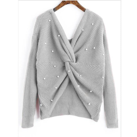 Beads Knit Open Back Long Sleeve Sweater