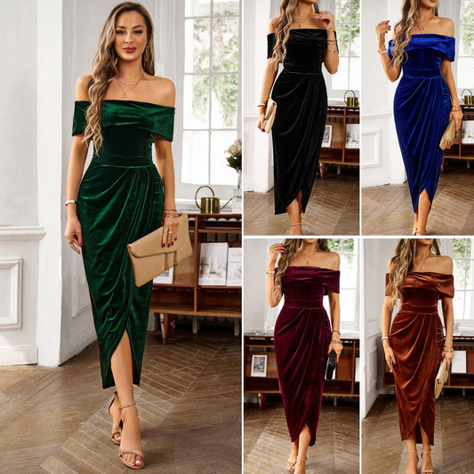 Elegantly Chic One-Shoulder Long Velvet Dress