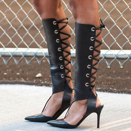 Black Leather Cutout Strap Pointed Toe Knee High Sandals