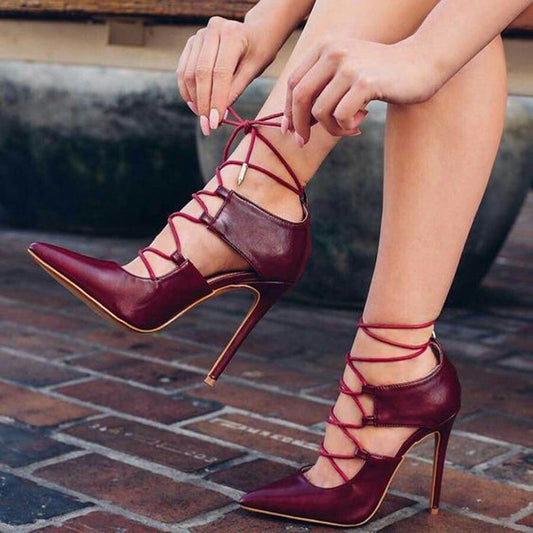 Red Leather Strap Cutout High Heel Sandals