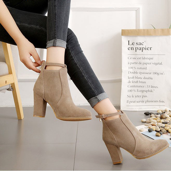 Pointed Toe Suede Straps Middle Chunky Heel Short Boots