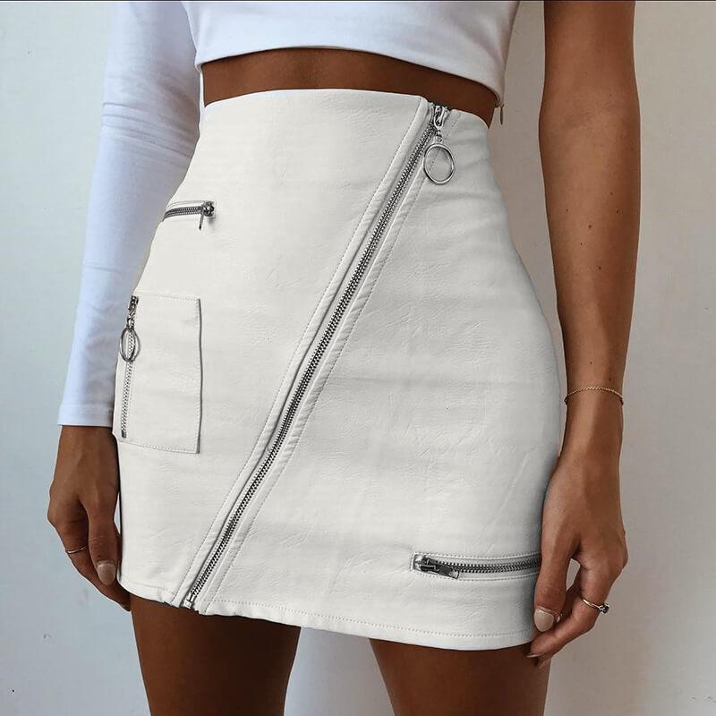 White High Waist Leather Zipper Dress
