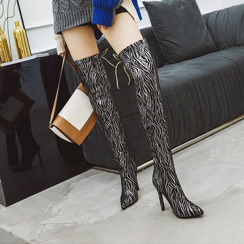 Fashion Leather Point Toe Zebra High Heel Over Knee Boots
