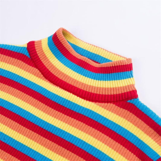 Turtleneck Rainbow Cropped Knit Pullover Sweater