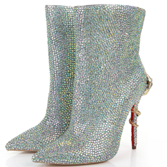 Leather Rhinestone Snake Zipper Ankle Boots