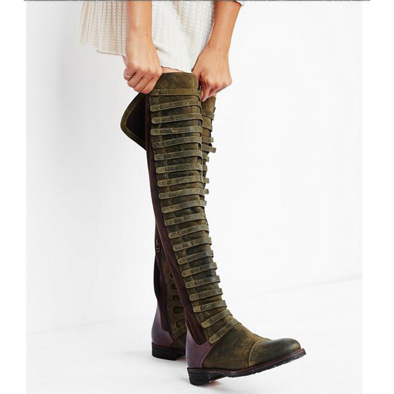 Patchwork Loose Boot Round Toe Flat Over the Knee Boots