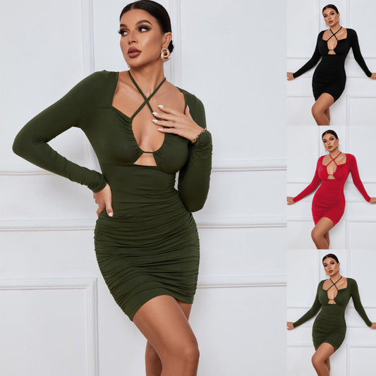 Sultry Hollow Out Lace-Up Bodycon Long Sleeves Mini Dress