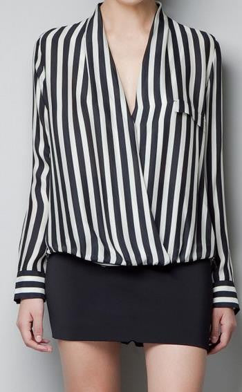 Striped Deep V-neck Long Sleeves Slim Chiffon Blouse - Meet Yours Fashion - 1