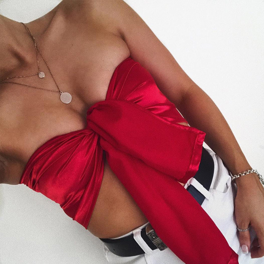 Bow Strapless Strap Wrap Pure Color Cami Crop Top