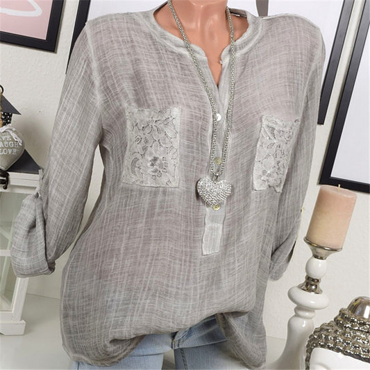Lace Pockets Scoop Loose Pure Color Loose Blouse with Plus Size