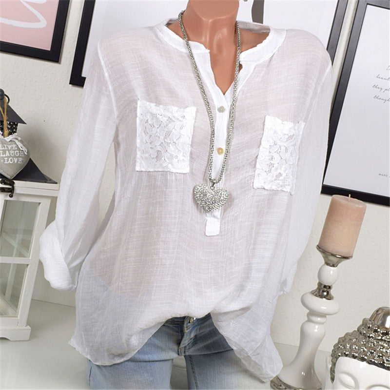 Lace Pockets Scoop Loose Pure Color Loose Blouse with Plus Size