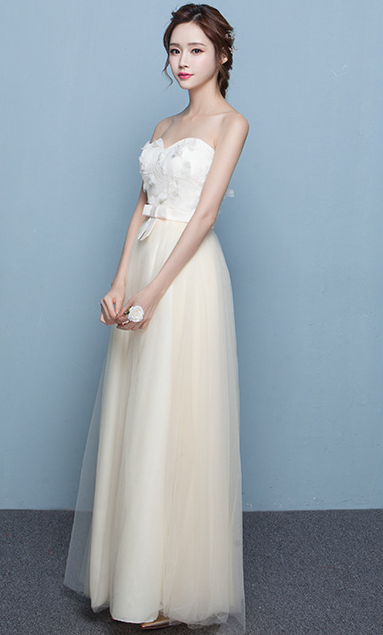 Strapless Flowers Empire Long Tulle Party Bridesmaid Dress
