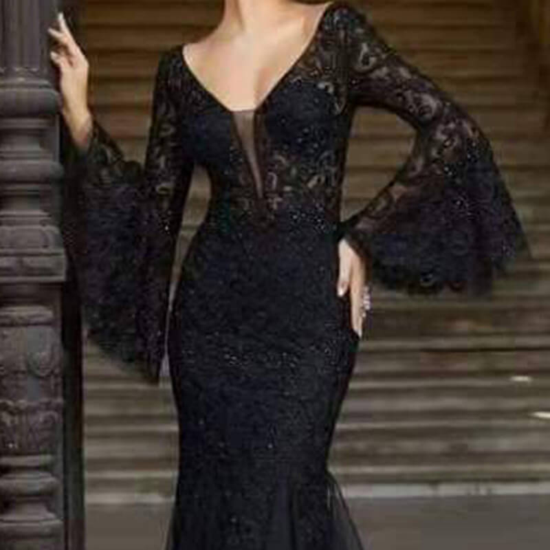 Black Lace Flare Sleeve Mermaid Dress