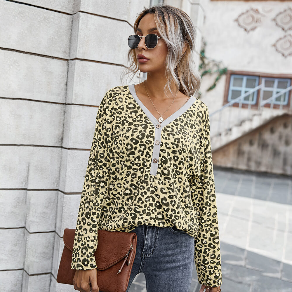 Leopard Half Button Knitted Top