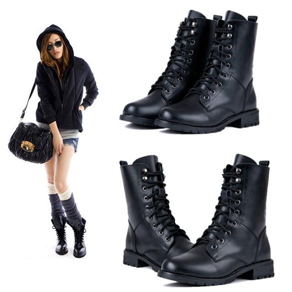 Women's Cool Black PUNK Military Army Knight Lace-up Short Boots - Oh Yours Fashion - 12