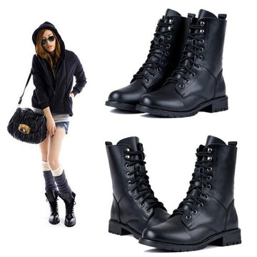 Women's Cool Black PUNK Military Army Knight Lace-up Short Boots - Oh Yours Fashion - 12