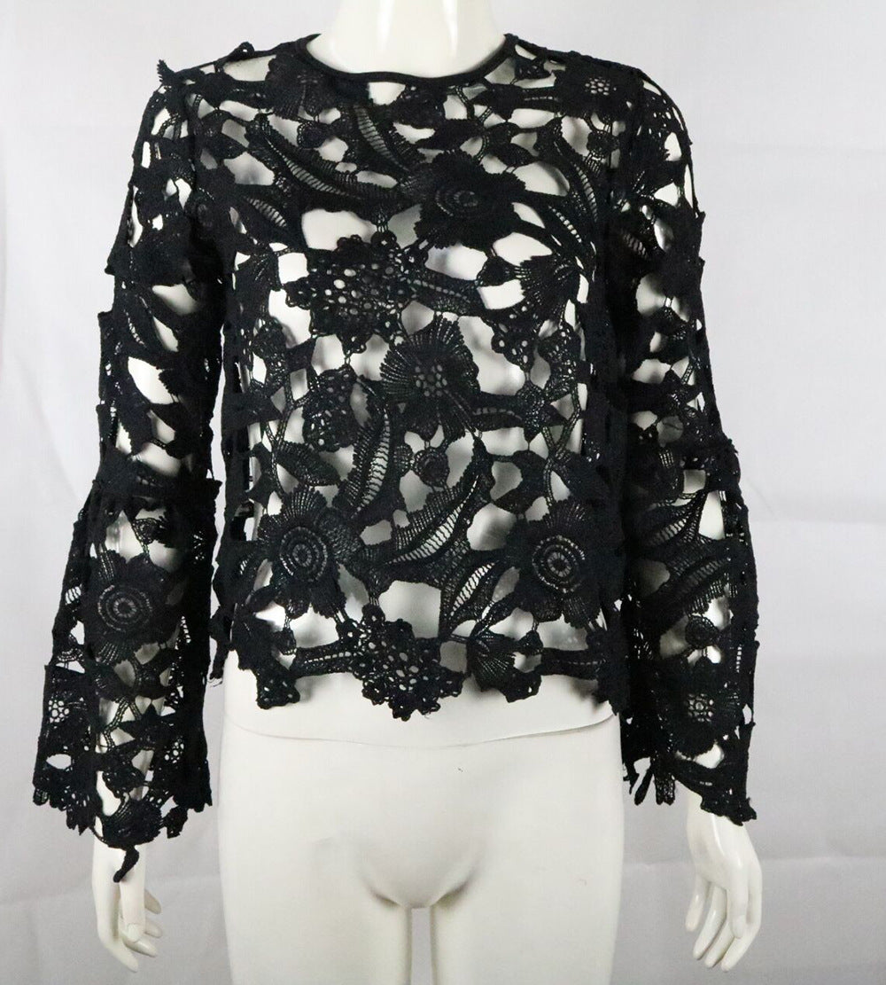 Lace Hollow Out Long Trumpet Sleeves Loose Blouse