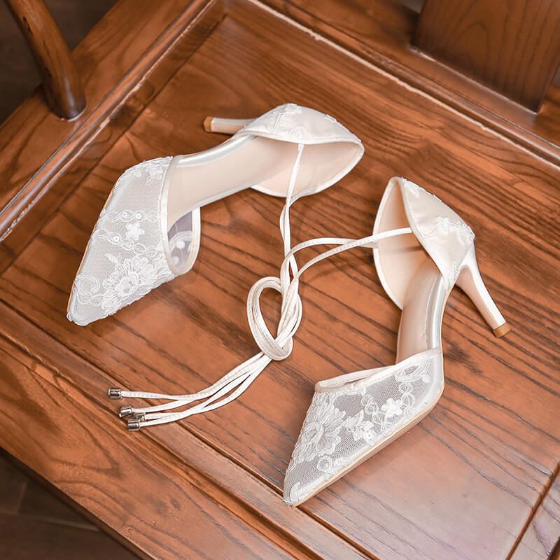 Sexy White Lace Pointed Toe Strap High Heel Sandals