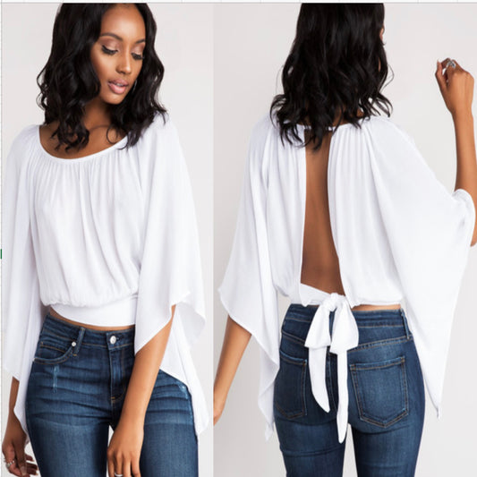Backless White Cross Scoop Long Sleeves Sexy Blouse