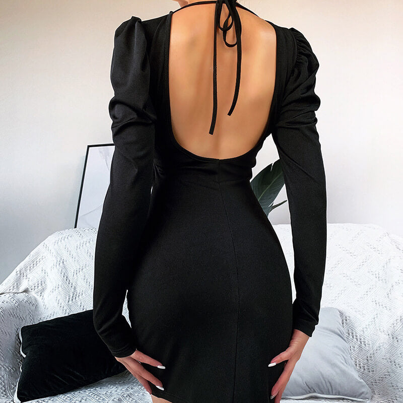 Black Backless Puff Sleeve Bodycon Strap Mini Dress