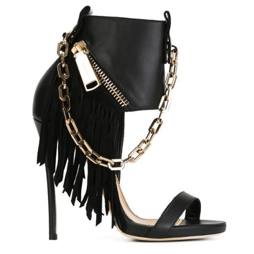 Party Black Leather Chain Fringe Sandals