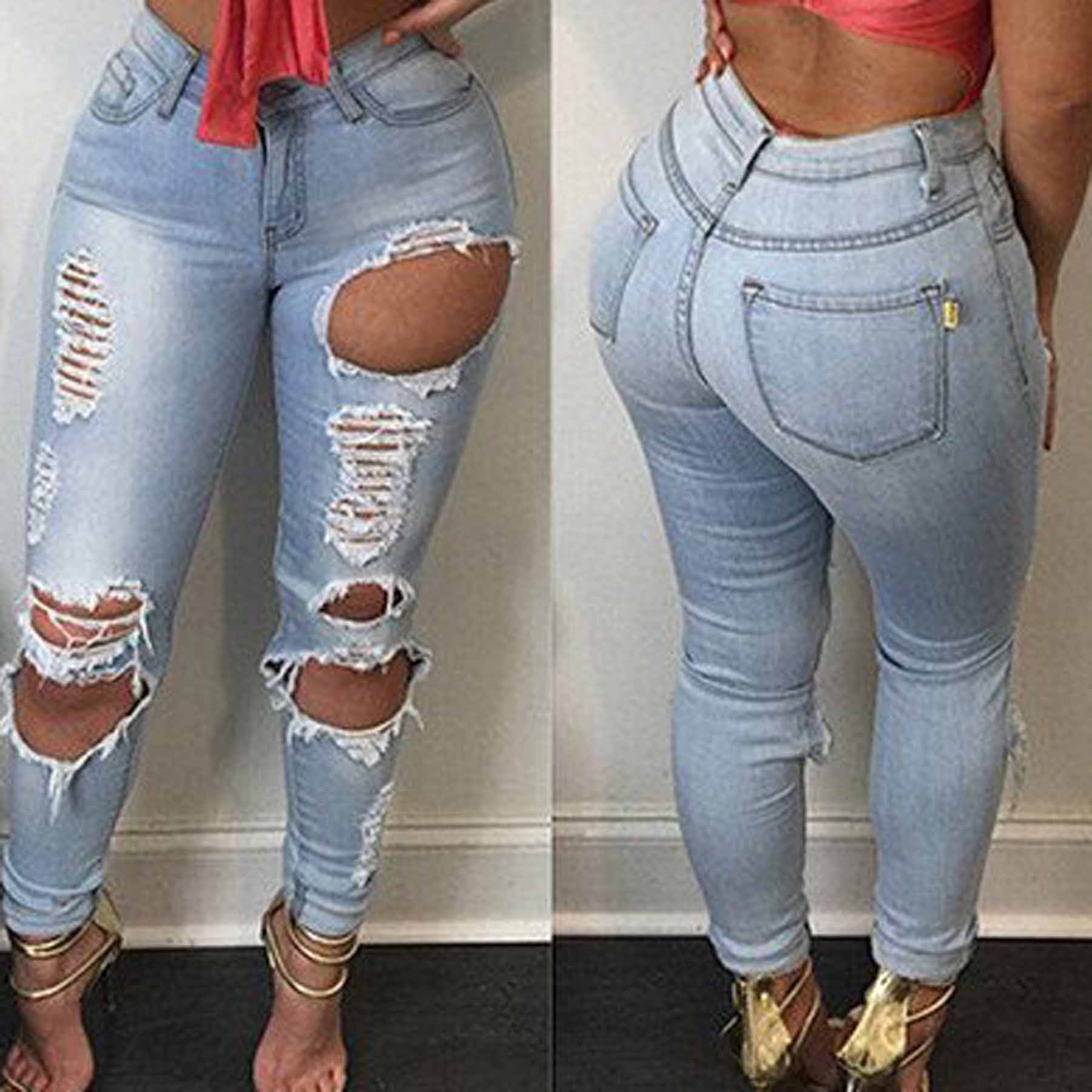 High Waist Cut Out Rough Holes Pocket Long Skinny Jeans