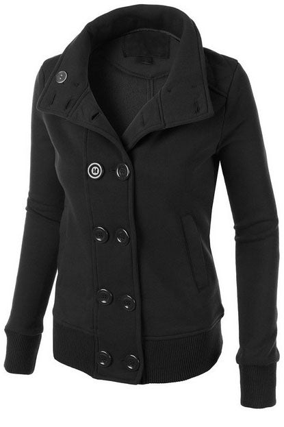 Double Breasted Solid Color High Neck Slim Hoodie Coat