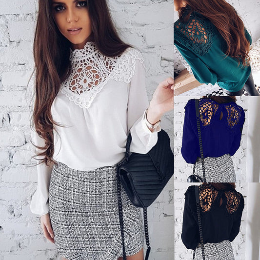Lace Patchwork Hollow Out High Neck Long Sleeves Loose Blouse