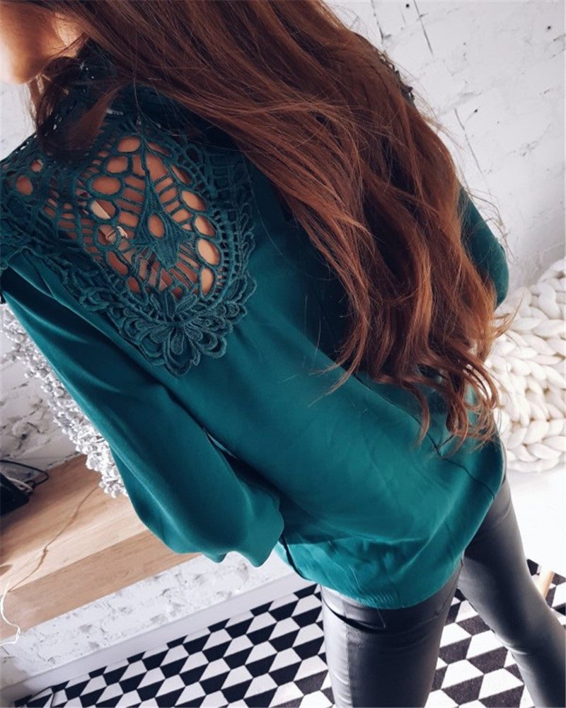 Lace Patchwork Hollow Out High Neck Long Sleeves Loose Blouse