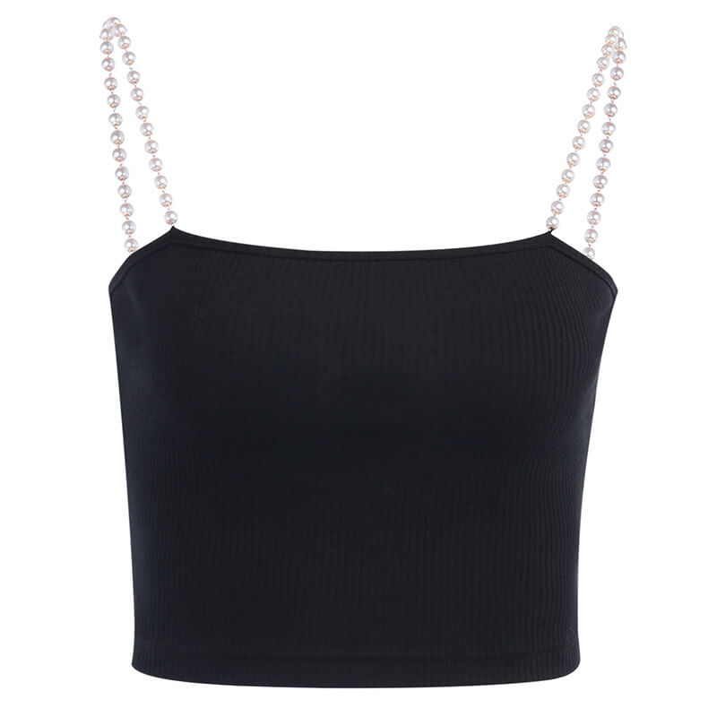 Sexy Black Pearl Backless Cropped Tank Tops