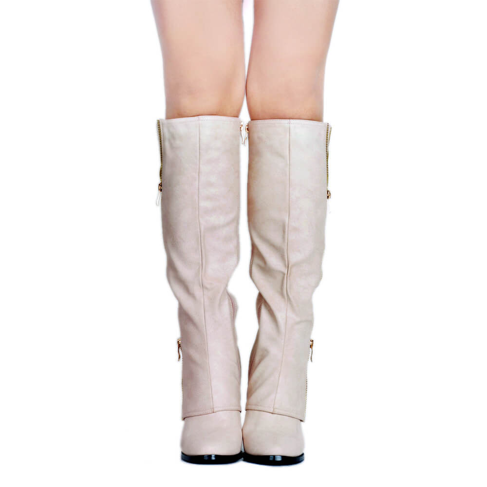 Apricot Suede Zipper Wedges Knee High Boots