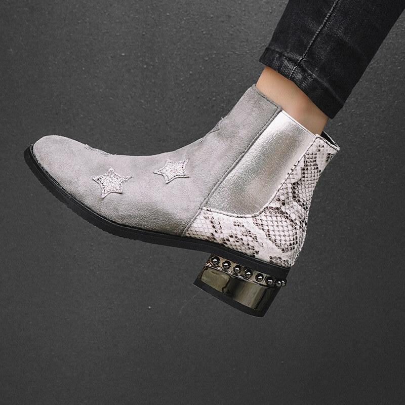 Snakeskin Star Chunky Low Heel Ankle Boots
