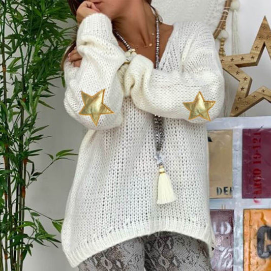 V Neck Stars Pattern Knit Sweater