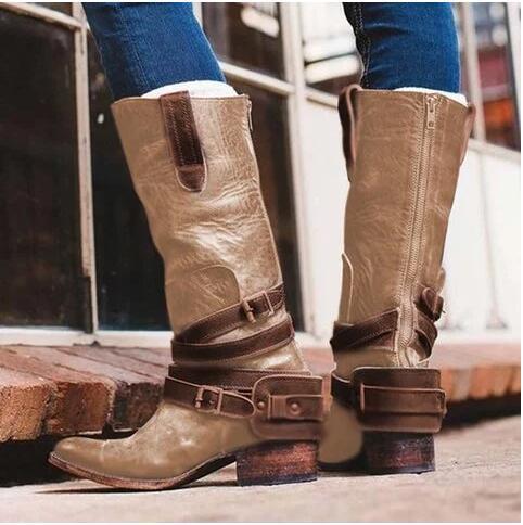 Leather Low Block Heel Knee High Boots