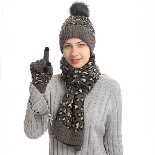 Leopard Jacquard Knitted Hat And  Touch Screen Gloves And Scarf Set