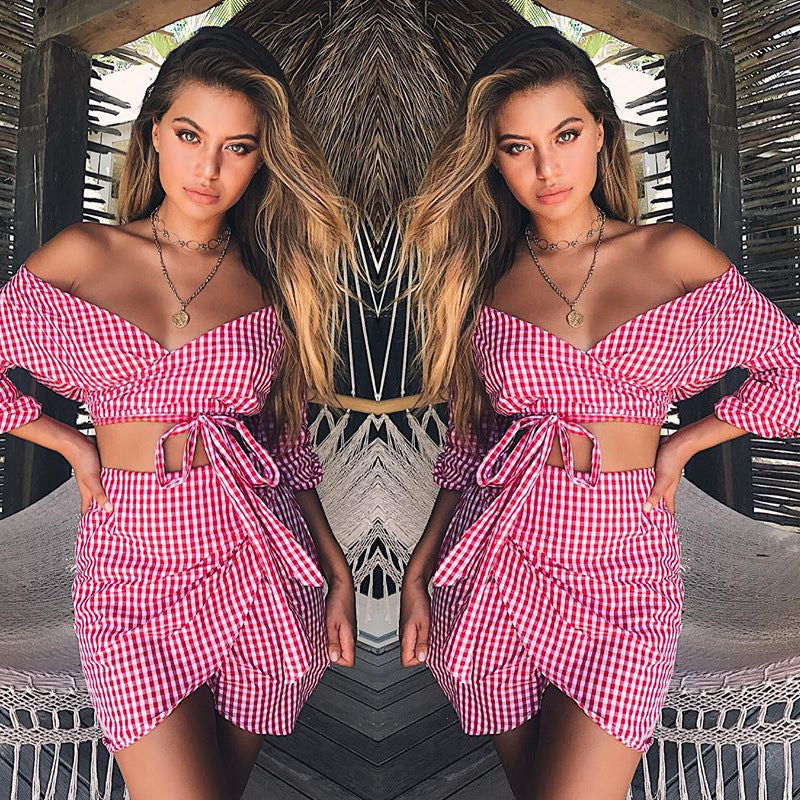Plaid Off Shoulder 3/4 Sleeves Crop Top with High Waist Irregular Short Skirts Two Pieces Set