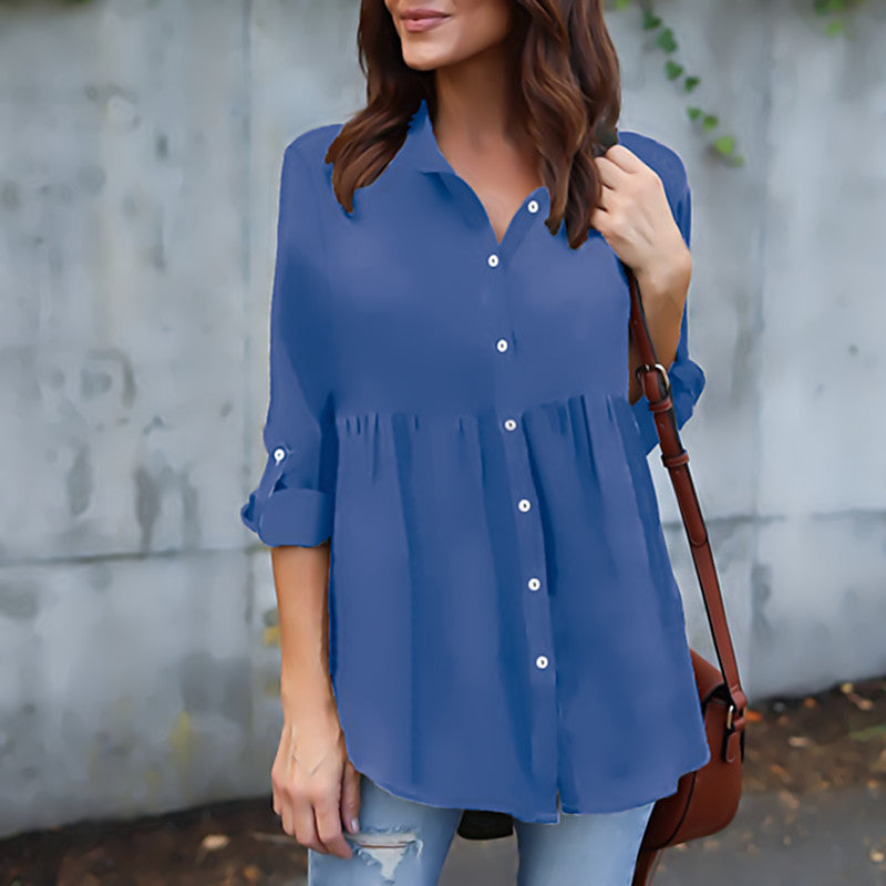 Button V-neck Pure Color Long Sleeves Loose Blouse