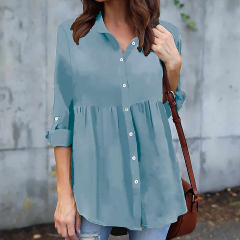 Button V-neck Pure Color Long Sleeves Loose Blouse