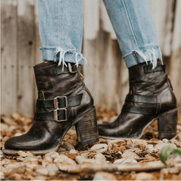 Leather High Heel Buckle Ankle Boots