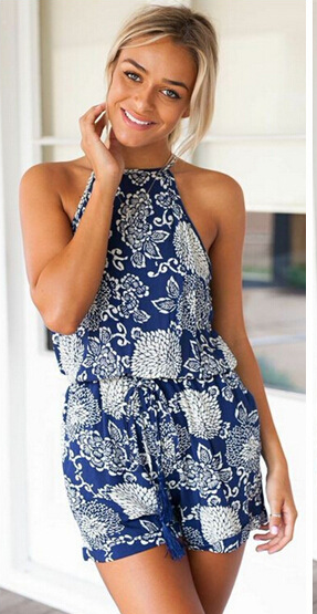 Sexy Printed Halter Tether Romper