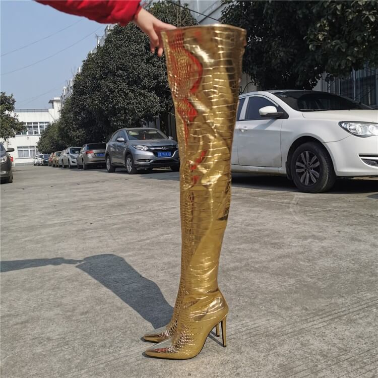 Party PU Gold Point Toe High Heel Over Knee Boots