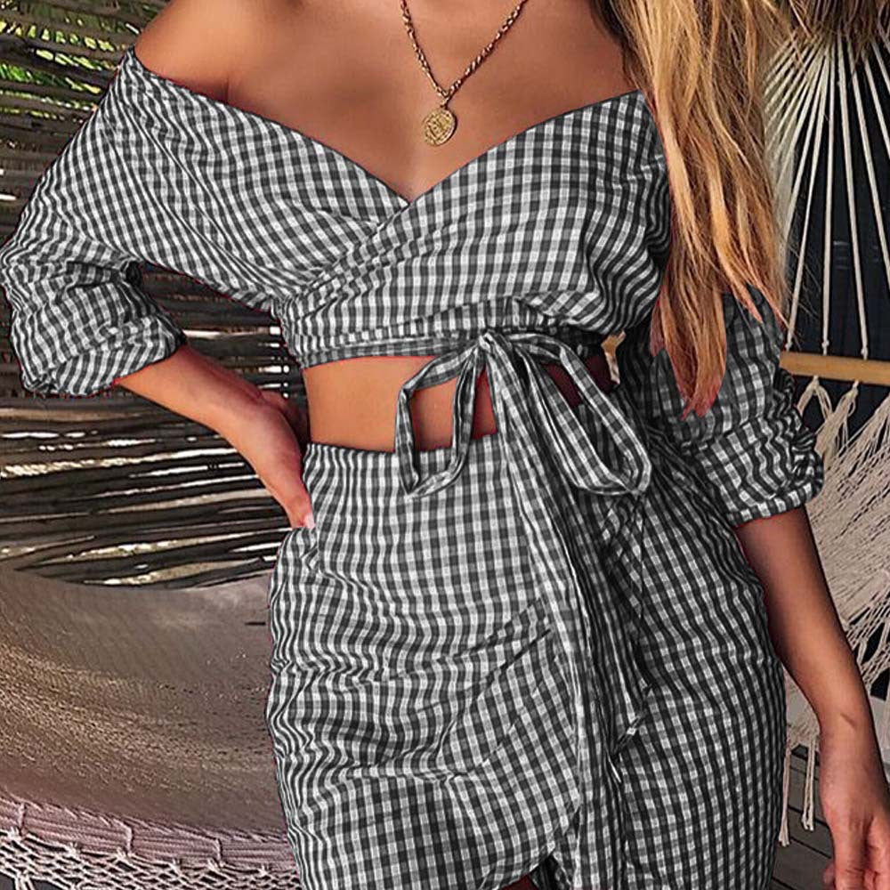 Plaid Off Shoulder 3/4 Sleeves Crop Top with High Waist Irregular Short Skirts Two Pieces Set