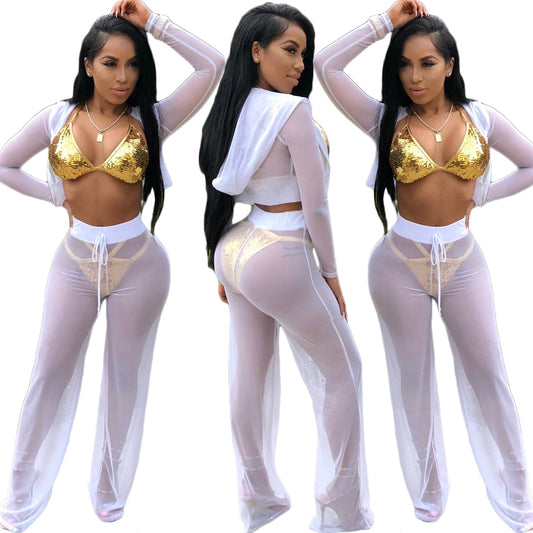 Candy Color Transparent Hooded Crop Top High Waist Wide-leg Pants Two Pieces Set