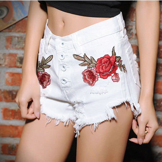 Flower Embroidery High Waist Irregular Slim Shorts