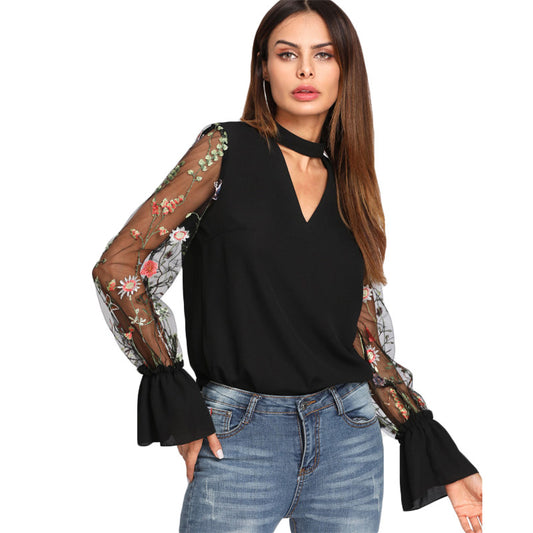 Embroidery Cut V-neck Patchwork Transparent Lace Long Sleeves Blouse
