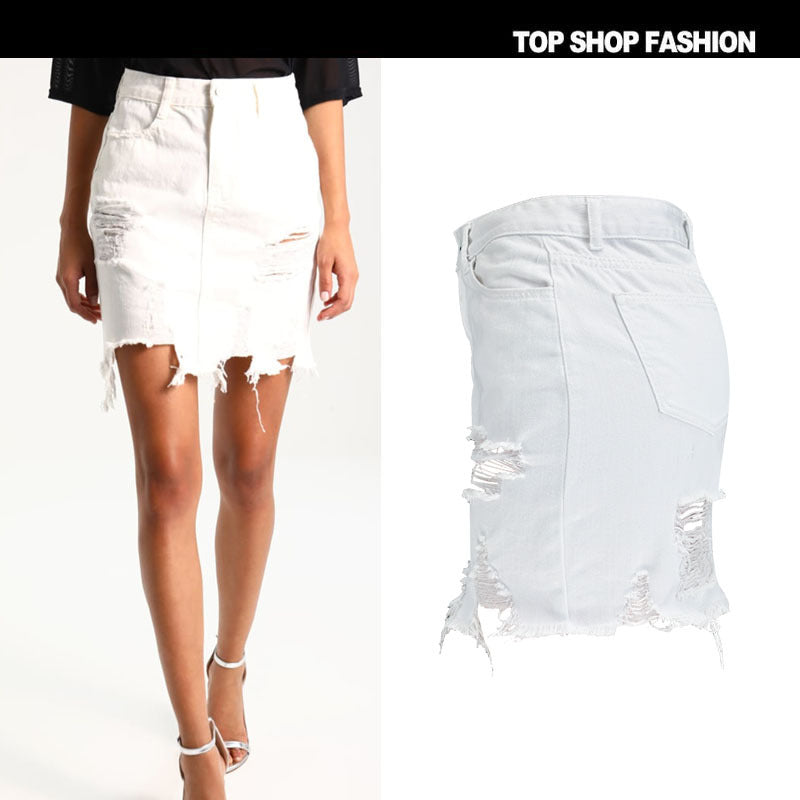 Tassels Bagger Style Holes High Waist White Denim Short Skirt
