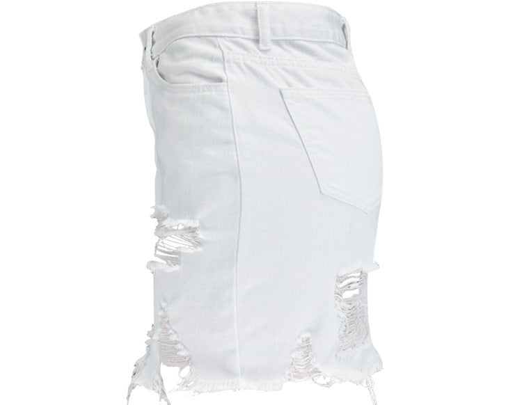 Tassels Bagger Style Holes High Waist White Denim Short Skirt