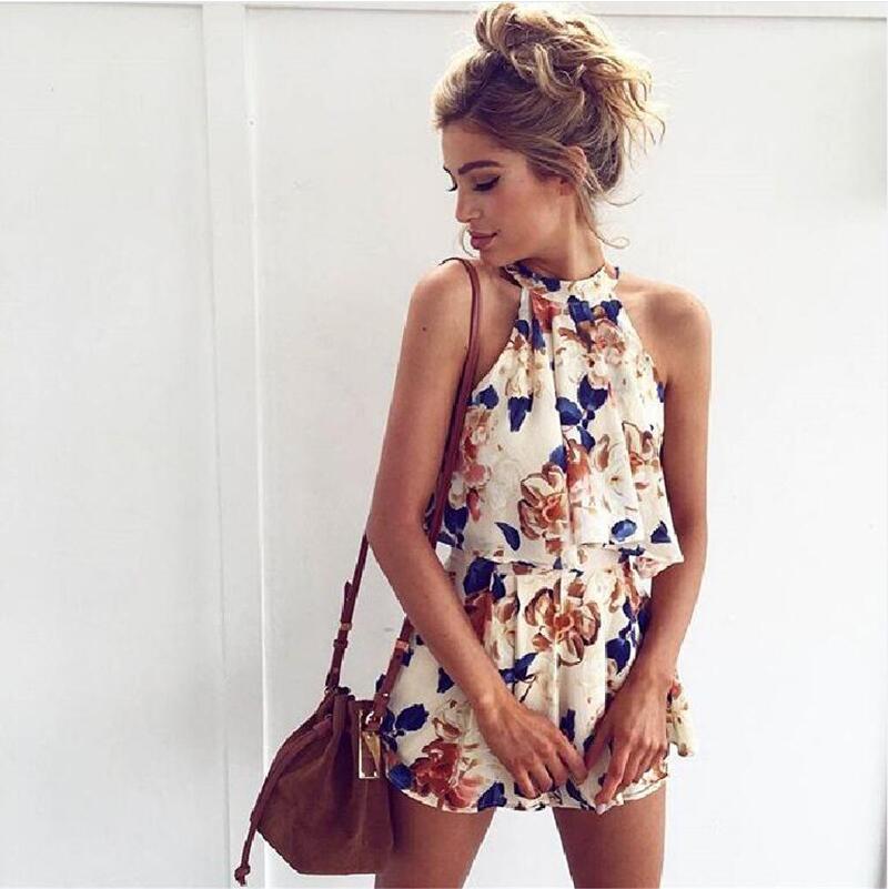 Flower Print Bear Shoulder Crop Top with High Waist Shorts Loose Two Pieces Set